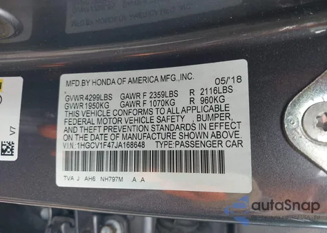 2018 Honda Accord Ex из США, поврежденный, VIN 1HGCV1F47JA168648